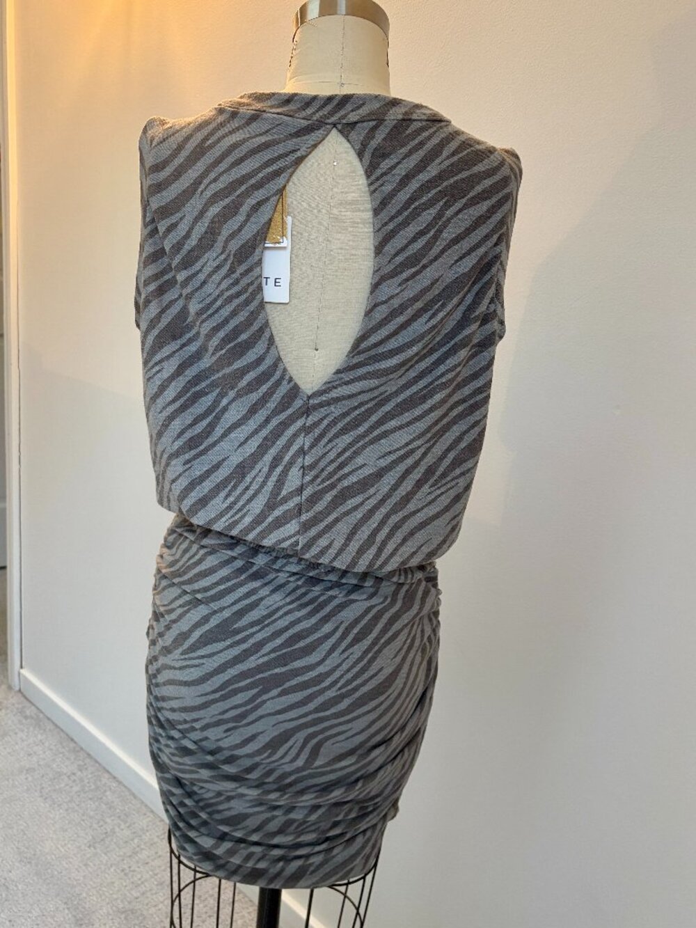Rare Fate Drawstring Ruched Grey Zebra Print Dress w/ Cut-outs -  size M - Picture 3 of 9
